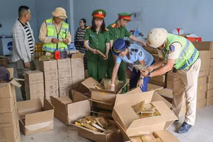 Lực lượng chức năng kiểm tra cửa hàng trên đường Cao Xuân Huy. (Ảnh: Công an tỉnh Nghệ An)