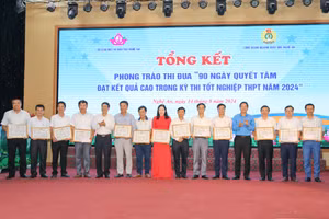 Lãnh đạo ngành Giáo dục khen thưởng cho các tập thể có thành tích xuất sắc. Ảnh: Phạm Tâm