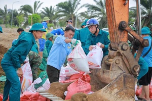 Lực lượng chức năng tham gia vá đê sông Vinh (Nghệ An).