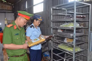 Lực lượng chức năng kiểm tra cơ sở sản xuất bánh trung thu tại thành phố Vinh. (Ảnh: CANA)