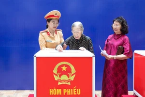 Cử tri 101 tuổi bỏ những lá phiếu bầu đại biểu Quốc hội khóa XVI và đại biểu HĐND các cấp.