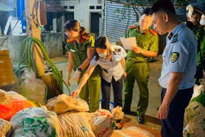 Lực lượng chức năng kiểm tra số thực phẩm.