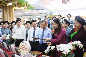 Ông Mai Sơn, Phó Chủ tịch Thường trực UBND tỉnh Bắc Ninh cùng các đại biểu tham quan khu vực trưng bày trong nhà.