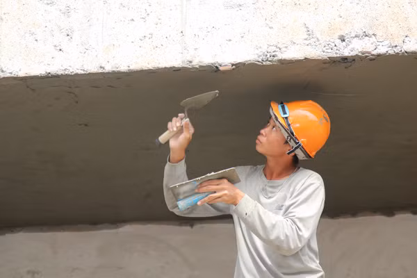 Người thợ tỉ mỉ hoàn thiện trần lớp học trước ngày công trình về đích. (Ảnh: Thế Hùng)
