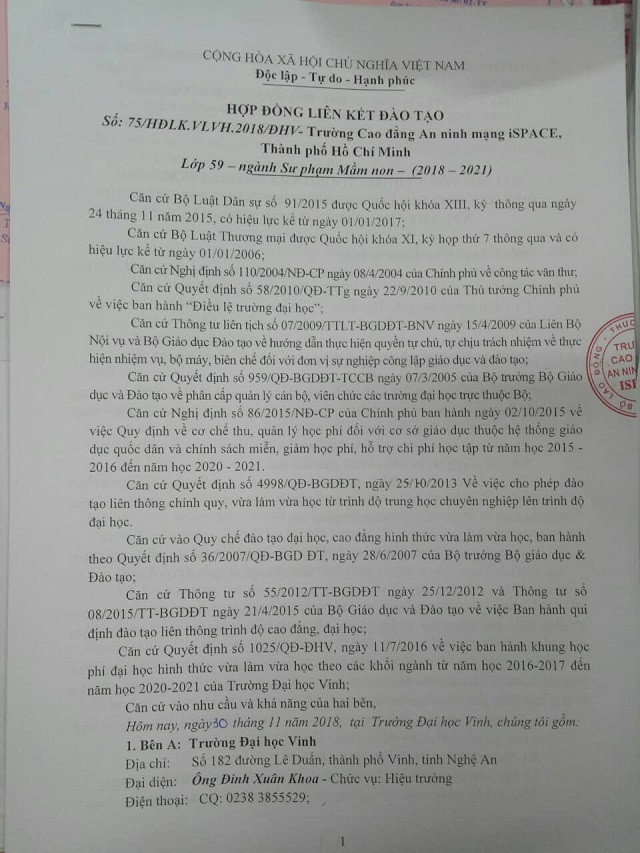 Hợp đồng liên kết đào tạo giữa Trường Cao đẳng An ninh mạng Ispace và Trường ĐH Vinh, Nghệ An. Hợp đồng liên kết đào tạo giữa Trường Cao đẳng An ninh mạng Ispace và Trường ĐH Vinh, Nghệ An.