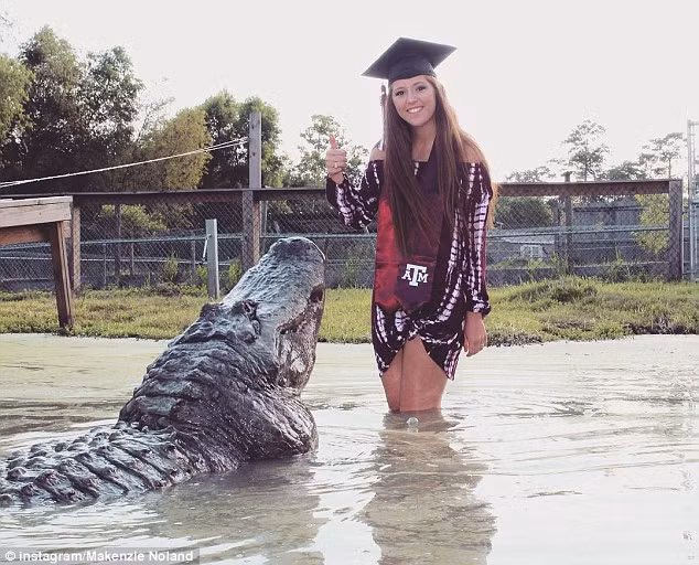 Noland trong bộ đồ tốt nghiệp chụp ảnh cùng cá sấu cỡ “khủng” Big Tex