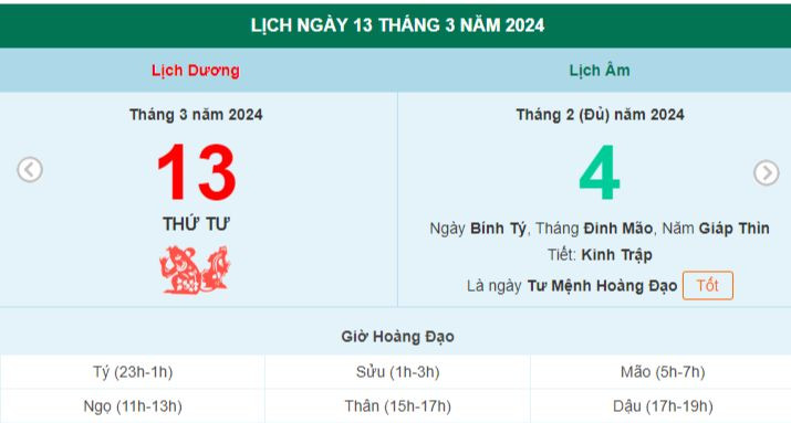 Lịch âm hôm nay - Xem lịch âm ngày 13/3