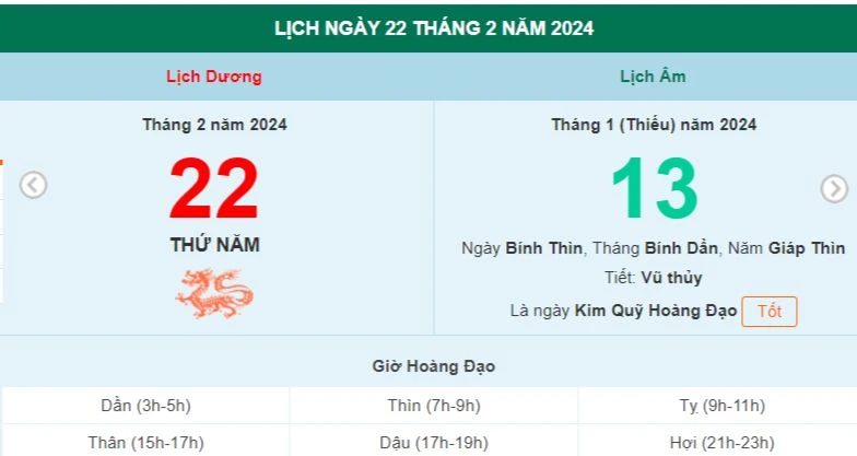 Lịch âm hôm nay - Xem lịch âm ngày 22/2