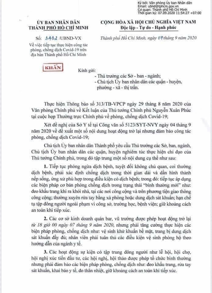 Công văn của UBND TP.HCM cho phép mở cửa trở lại quán bar, vũ trường