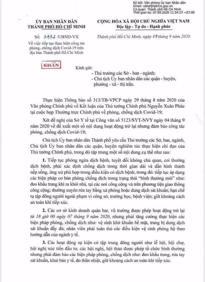 Công văn của UBND TP.HCM cho phép mở cửa trở lại quán bar, vũ trường