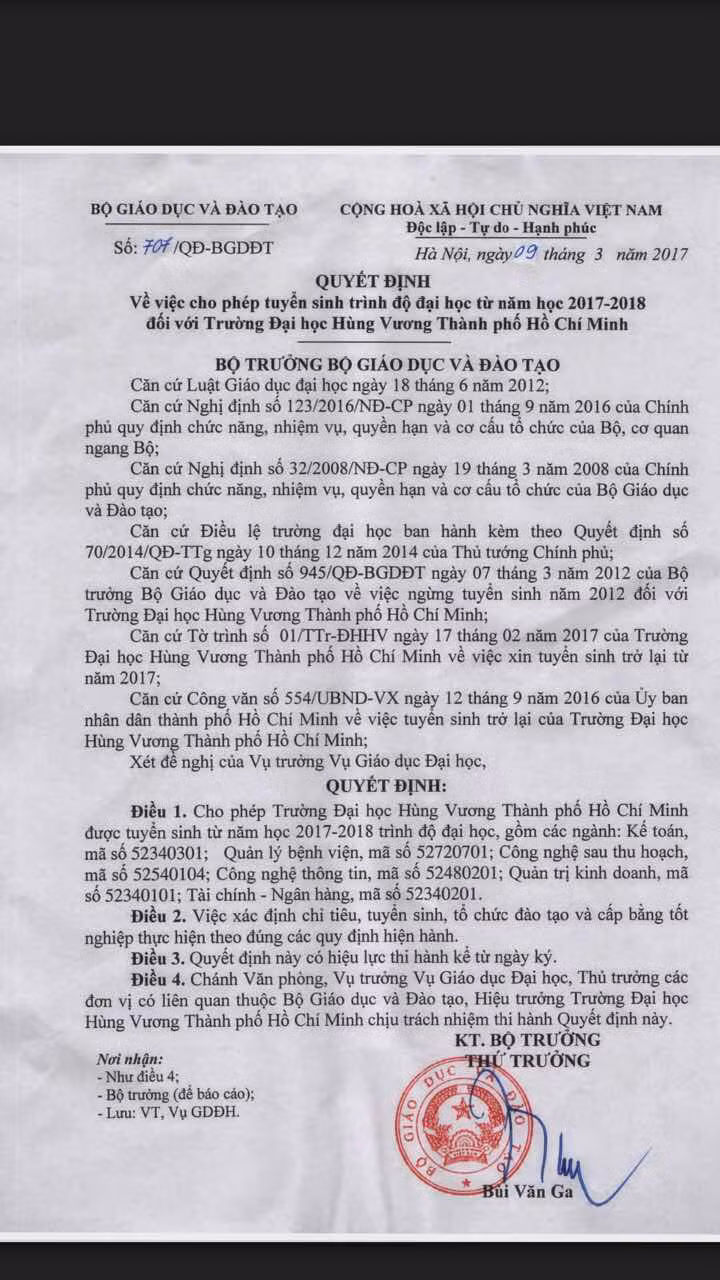Quyết định cho phép Trường Đại học Hùng Vương được tuyển sinh trở lại