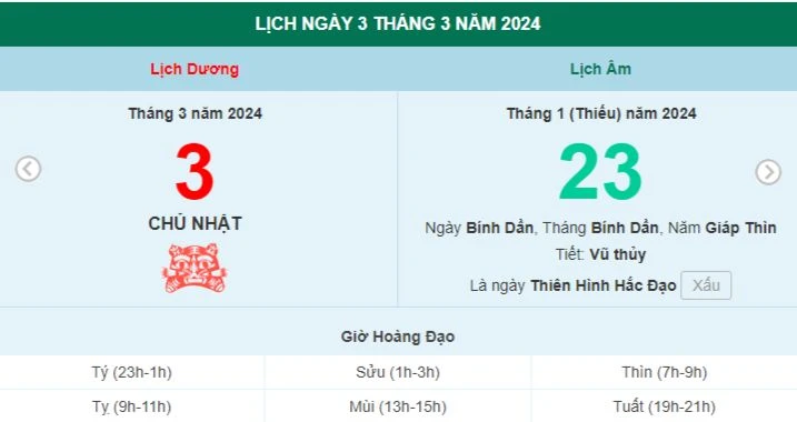 Lịch âm hôm nay - Xem lịch âm ngày 3/3
