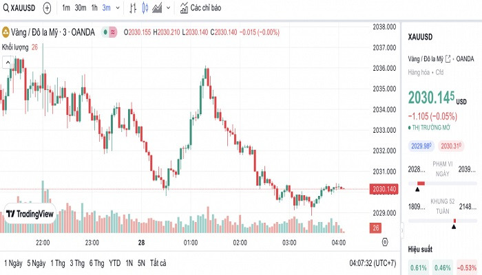 Biểu đồ biến động giá vàng trong 24 giờ qua
