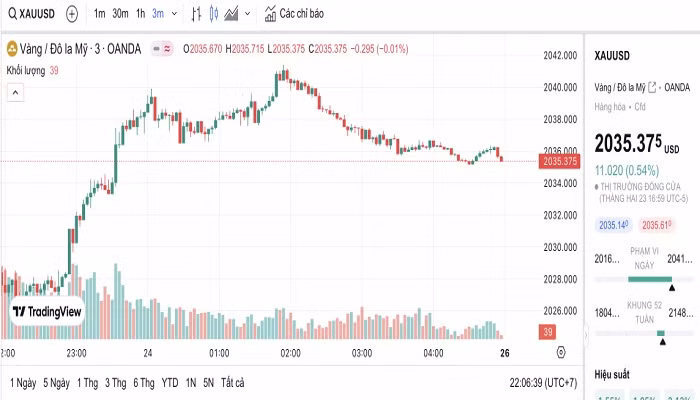 Biểu đồ biến động giá vàng trong 24 giờ qua