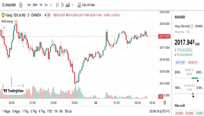 Biểu đồ biến động giá vàng trong 24 giờ qua