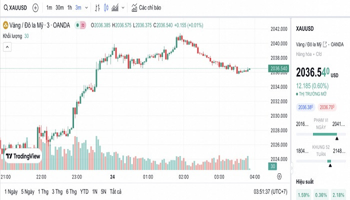 Biểu đồ biến động giá vàng trong 24 giờ qua.