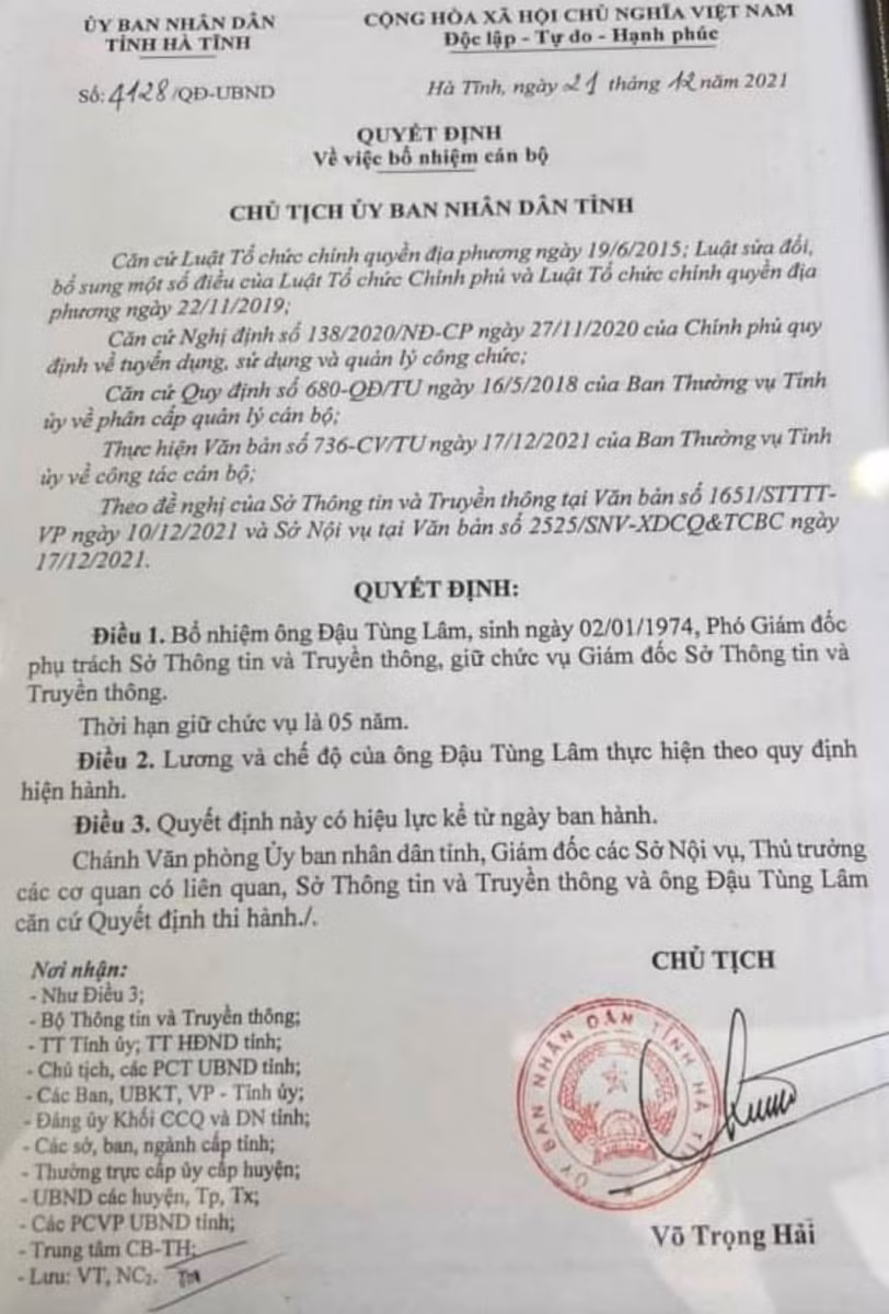 Quyết định do ông Võ Trọng Hải - Chủ tịch UBND tỉnh Hà Tĩnh ký ngày 21/12.