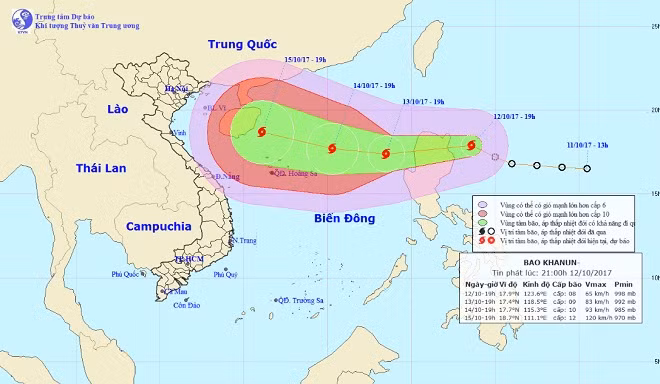 Hướng di chuyển của cơn bão mới hình thành từ áp thấp nhiệt đới gần Biển Đông. (Ảnh TTKTTV TW)