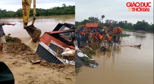 Toàn cảnh lao máy xúc giải nguy hàn đê Cầu Chày