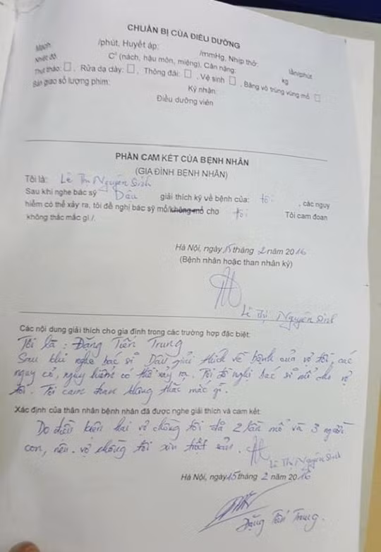 Phiếu cam kết đồng ý triệt sản của bệnh nhân tại Khoa Sản, Bệnh viện Bạch Mai.