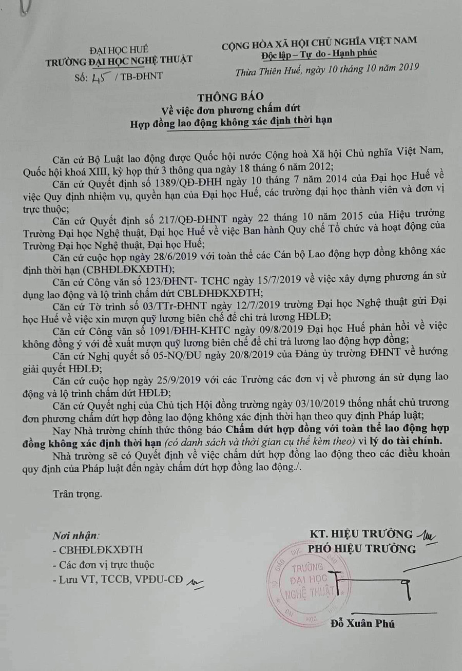 Thông báo đơn thương chấm dứt hợp đồng lao động không xác định thời hạn kèo theo danh sách đính kèo 21 cán bộ, nhân viên của trường ĐH Nghệ thuật Huế Thông báo đơn thương chấm dứt hợp đồng lao động không xác định thời hạn kèo theo danh sách đính kèo 21 cán bộ, nhân viên của trường ĐH Nghệ thuật Huế