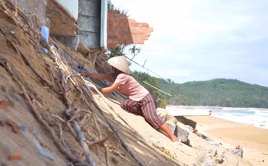 Chị Võ Thị Mến con dâu ông Tới đang phụ giúp nhặt những mảnh tôn nát vụn sau vụ sạt lở.