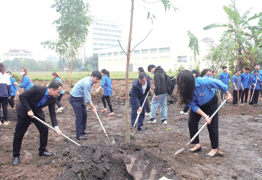 Các đại biểu cùng đoàn viên sinh viên trường Đại học Sư phạm tham gia trồng cây trong khuôn viên trường.