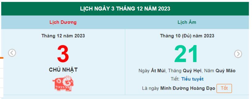 Lịch âm hôm nay - Xem lịch âm ngày 3/12/2023