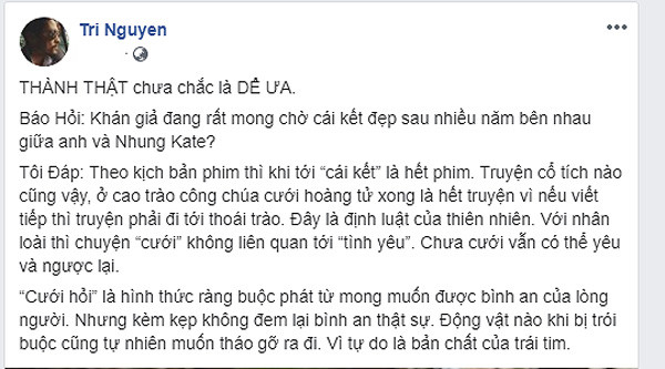 Johnny Trí Nguyễn chia sẻ quan điểm về tình yêu và hôn nhân trên trang cá nhân.