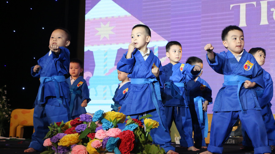 Trẻ hòa hứng với tiết mục biểu diễn võ Vovinam.