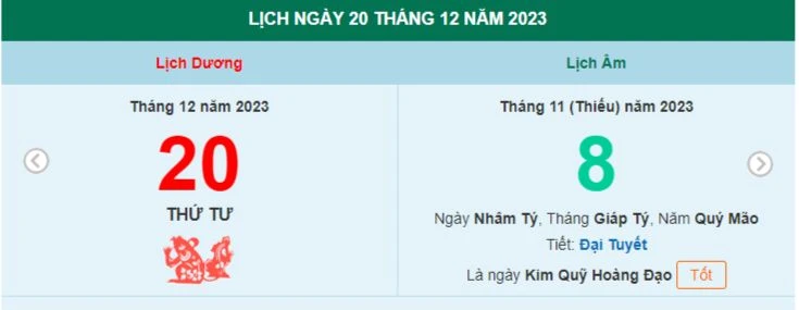 Lịch âm hôm nay - Xem lịch âm ngày 20/12