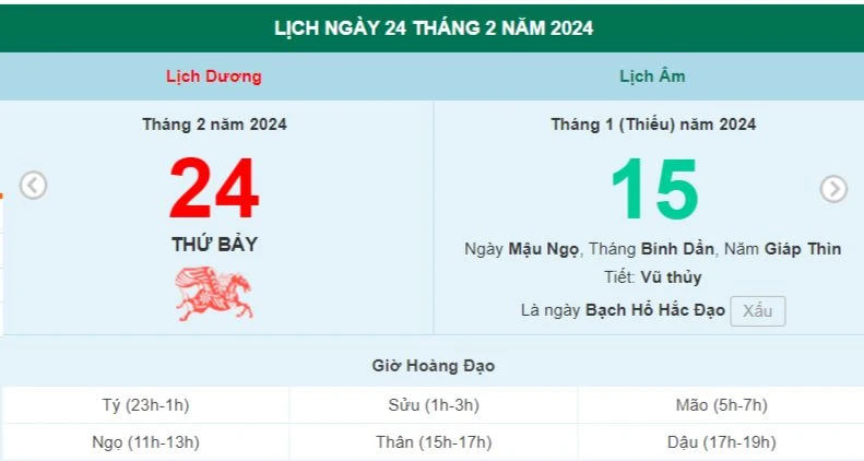 Lịch âm hôm nay - Xem lịch âm ngày 24/2