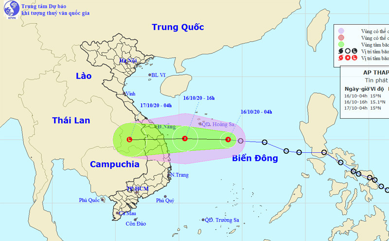 Đường đi và vị trí áp thấp nhiệt đới. Ảnh: Trung tâm dự báo KTTV Quốc gia