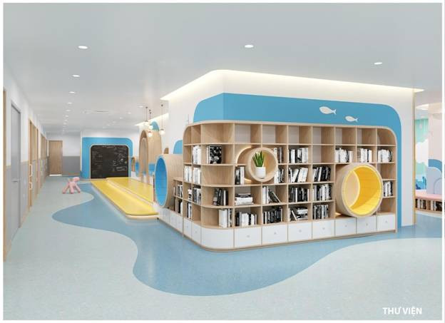 Phòng thư viện được thiết kế đẹp mắt, màu sắc sinh động, tươi sáng, kích thích niềm đam mê đọc sách cho trẻ. Phòng thư viện được thiết kế đẹp mắt, màu sắc sinh động, tươi sáng, kích thích niềm đam mê đọc sách cho trẻ.