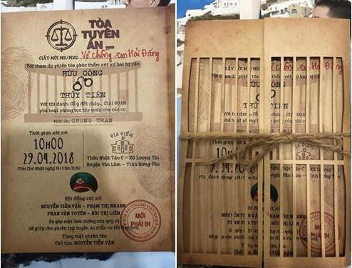 Tấm thiệp cưới theo phong cách "Tòa tuyên án" của đôi trẻ Hà Thành từng "gây sốt" trên mạng hồi tháng 4/2018. Chú rể Hữu Công cho Zing.vn biết đây là sản phẩm do anh tự thiết kế, mô phỏng theo việc tuyên án - hai vợ chồng phải nhận án "chung thân", sống với nhau cả đời. Anh mất 5 ngày để lên ý tưởng và hoàn thiện thiệp cưới. Ảnh: Hữu Công. Nhung kieu thiep cuoi doc dao, lam