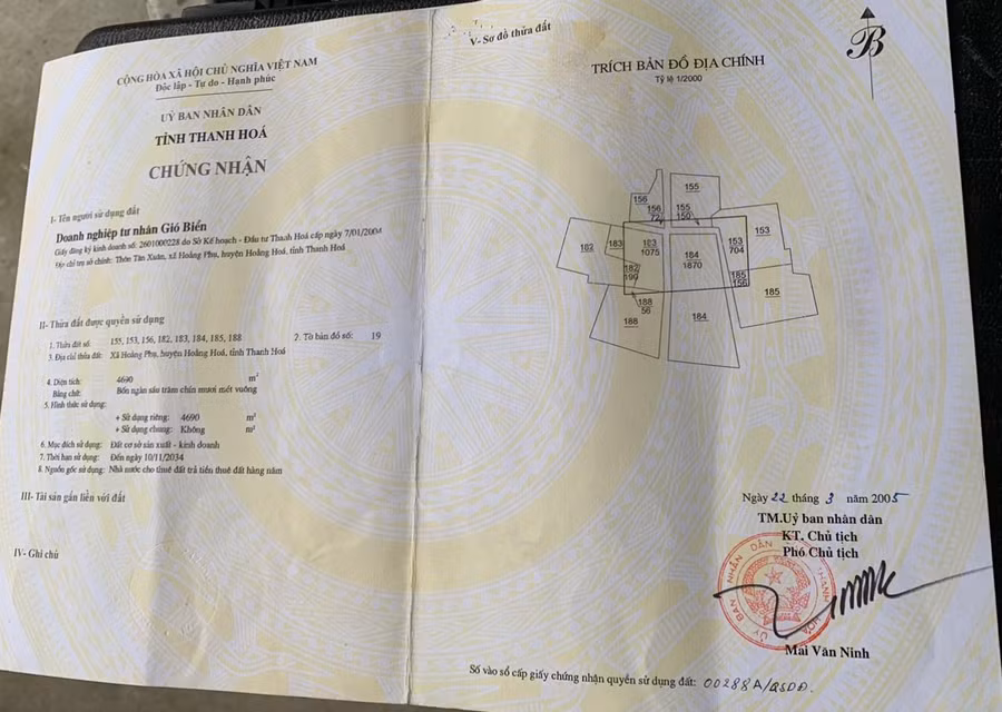 Hơn 700m2 đất kinh doanh dịch vụ của doanh nghiệp Gió Biển đã được UBND huyện Hoằng Hoá cấp chồng trích lục cho một hộ dân khác. (Ảnh: NT)
