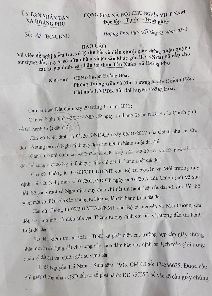 UBND Hoằng Phụ đã có báo cáo vụ việc sai sót trong cấp trích lục cho 2 hộ dân từ tháng 5/2023 nhưng sau đó sự việc rơi vào im lặng. (Ảnh: NT)