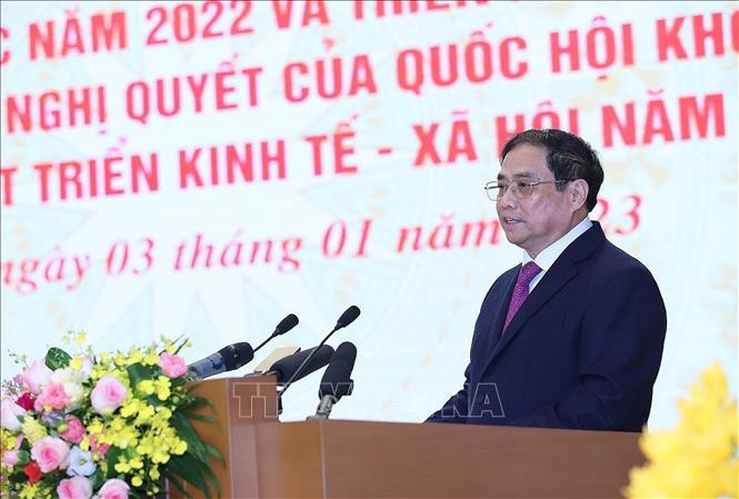 Thủ tướng Phạm Minh Chính phát biểu khai mạc Hội nghị triển khai kế hoạch phát triển kinh tế-xã hội năm 2023. Ảnh: Dương Giang/TTXVN Thủ tướng Phạm Minh Chính phát biểu khai mạc Hội nghị triển khai kế hoạch phát triển kinh tế-xã hội năm 2023. Ảnh: Dương Giang/TTXVN