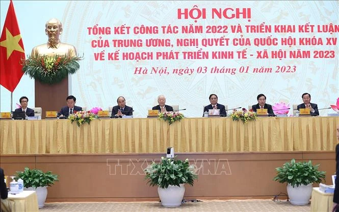 Tổng Bí thư Nguyễn Phú Trọng; Chủ tịch nước Nguyễn Xuân Phúc; Chủ tịch Quốc hội Vương Đình Huệ; Thủ tướng Phạm Minh Chính và các Phó Thủ tướng dự, chủ trì và điều hành hội nghị. Ảnh: Dương Giang/TTXVN