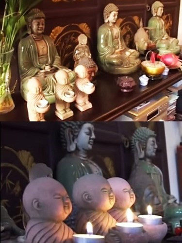 Biệt thự đậm chất thiền của Quang Dũng giữa Sài Gòn hoa lệ, phòng tắm mới choáng váng ảnh 8 Ba bức tượng Phật có tuổi thọ hợn 80 năm được gia chủ đặt ngay ngắn trong nhà, biểu tượng cho 3 sự cầu siêu khác nhau.