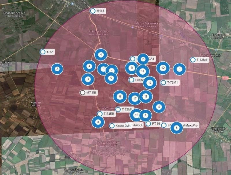 Bản đồ thể hiện các điểm đánh dấu xác xe tăng, xe thiết giáp Ukraine
