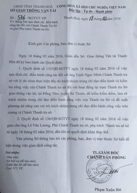 Quyết định tạm đình chỉ điều hành công tác đối với Chánh thanh tra Sở GTVT Thanh Hóa. Ảnh: Nguyễn Quỳnh