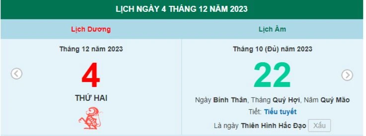 Lịch âm hôm nay - Xem lịch âm ngày 4/12/2023