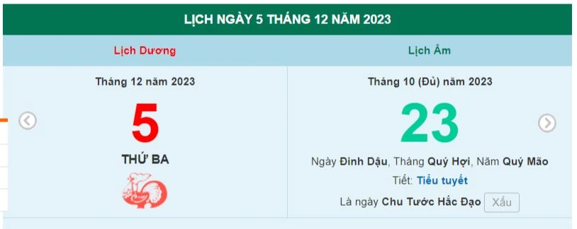 Lịch âm hôm nay - Xem lịch âm ngày 5/12/2023