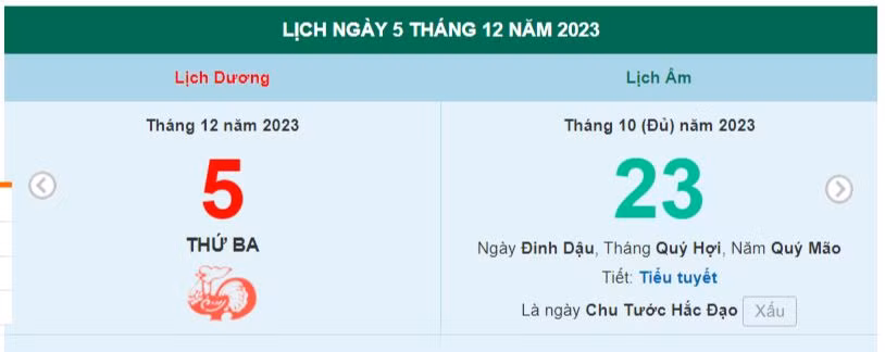 Lịch âm hôm nay - Xem lịch âm ngày 5/12/2023