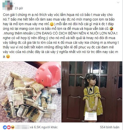 Bé gái đập heo đất vì "lợn đang có dịch, không thể nuôi" ảnh 1 Chia sẻ của bà mẹ trẻ nhận được hàng nghìn lượt thích.