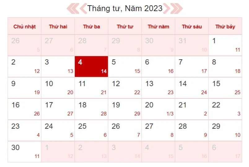 Xem lịch âm ngày 4/4/2023