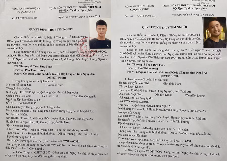 Thông báo truy tìm Hồ Ngọc Sao và Nguyễn Văn Thế của Công an tỉnh Nghệ An. (Ảnh: CANA)