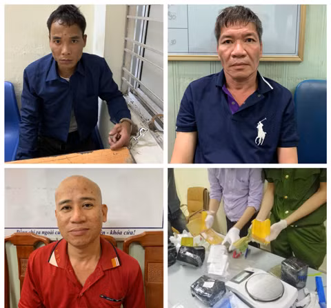 Các đối tượng tại cơ quan công an cùng tang vật vụ án, ảnh: công an cung cấp. 