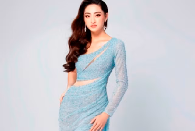 Hoa hậu Lương Thùy Linh trong mẫu đầm dạ hội.